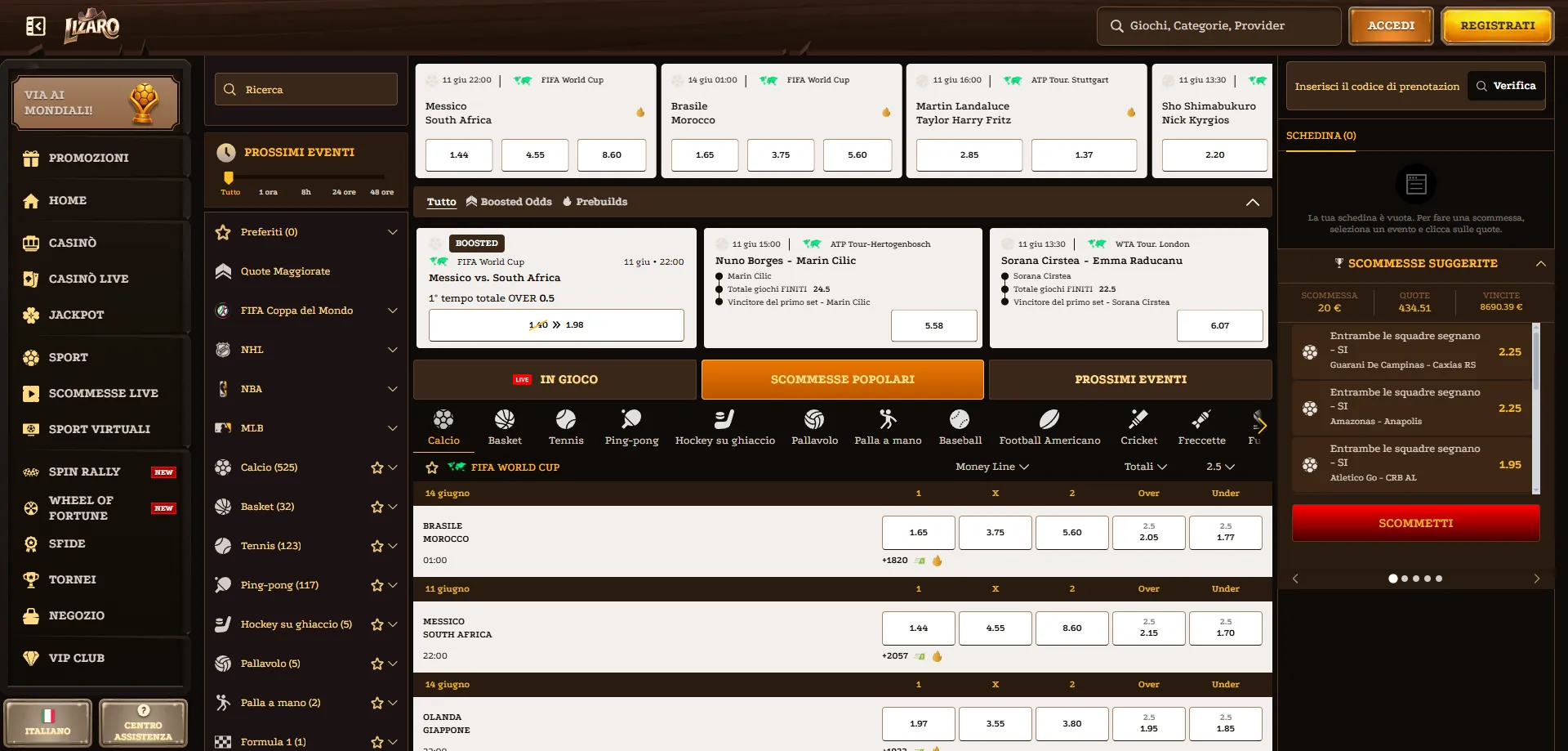 Scommesse sportive live su Lizaro — calcio, tennis e altri sport